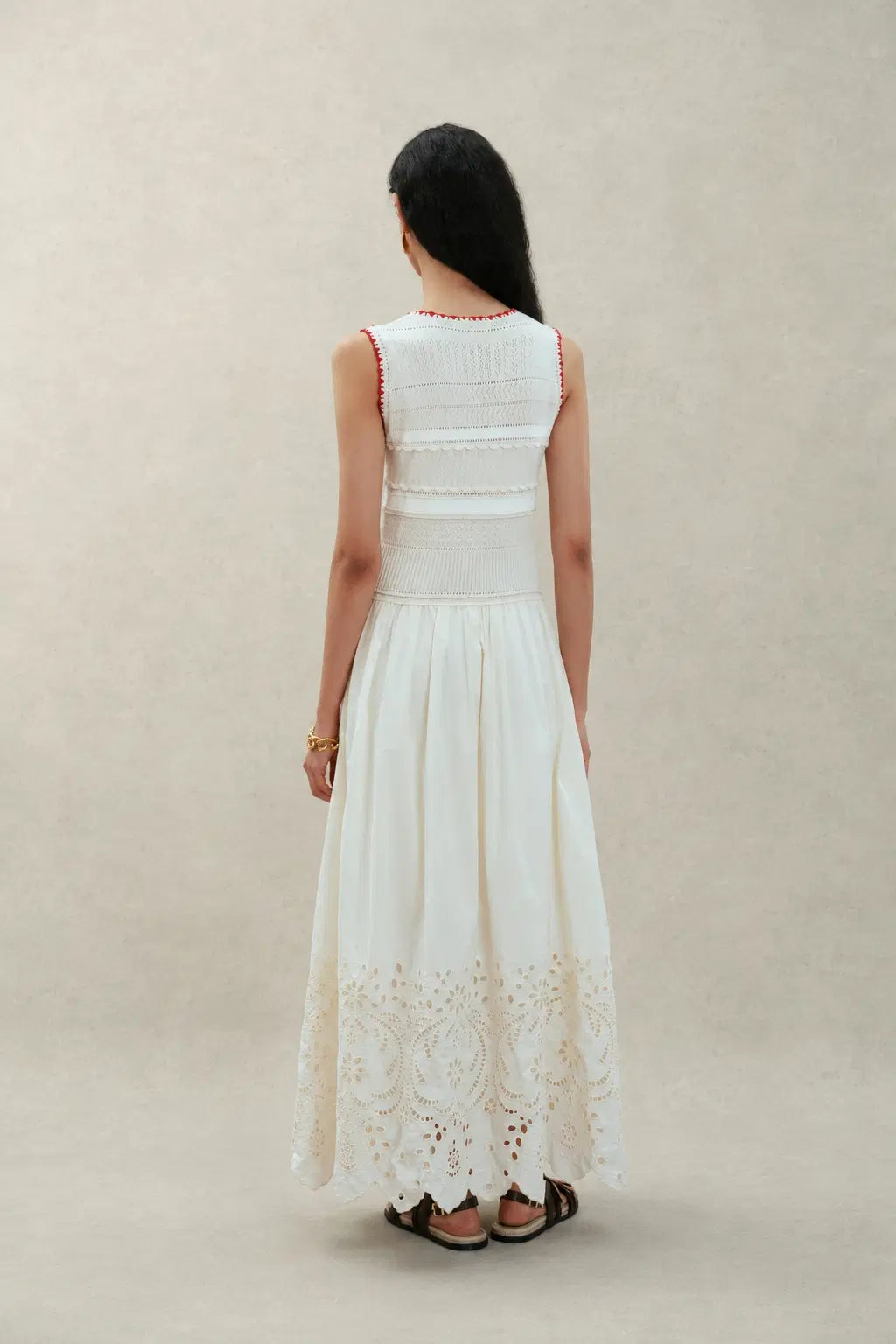 Charlie Mix Media Hand-Embroidered Trim Dress in Cotton-Cashmere and Cotton XL