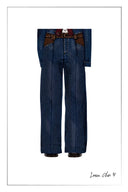 Women's indigo straight leg jeans with a contrasting tan faux suede waistband