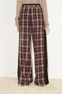 Womens wide leg plaid pants with layered waistband and contrast side panels