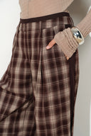 Wide leg plaid pants with layered double waistband and dark contrast side panels
