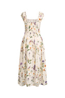 Eliana Handpainted Freesia Ruffle Trim Wide Strap Sleeveless Dress in Silk Cotton Blend