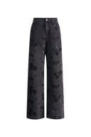 Star Hand Beaded Rose Embellishment Straight Leg Jeans in Beaded Cotton Denim