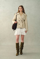 Beatrice Contrast-Trim Short Trench Coat in High-Density Cotton Twill