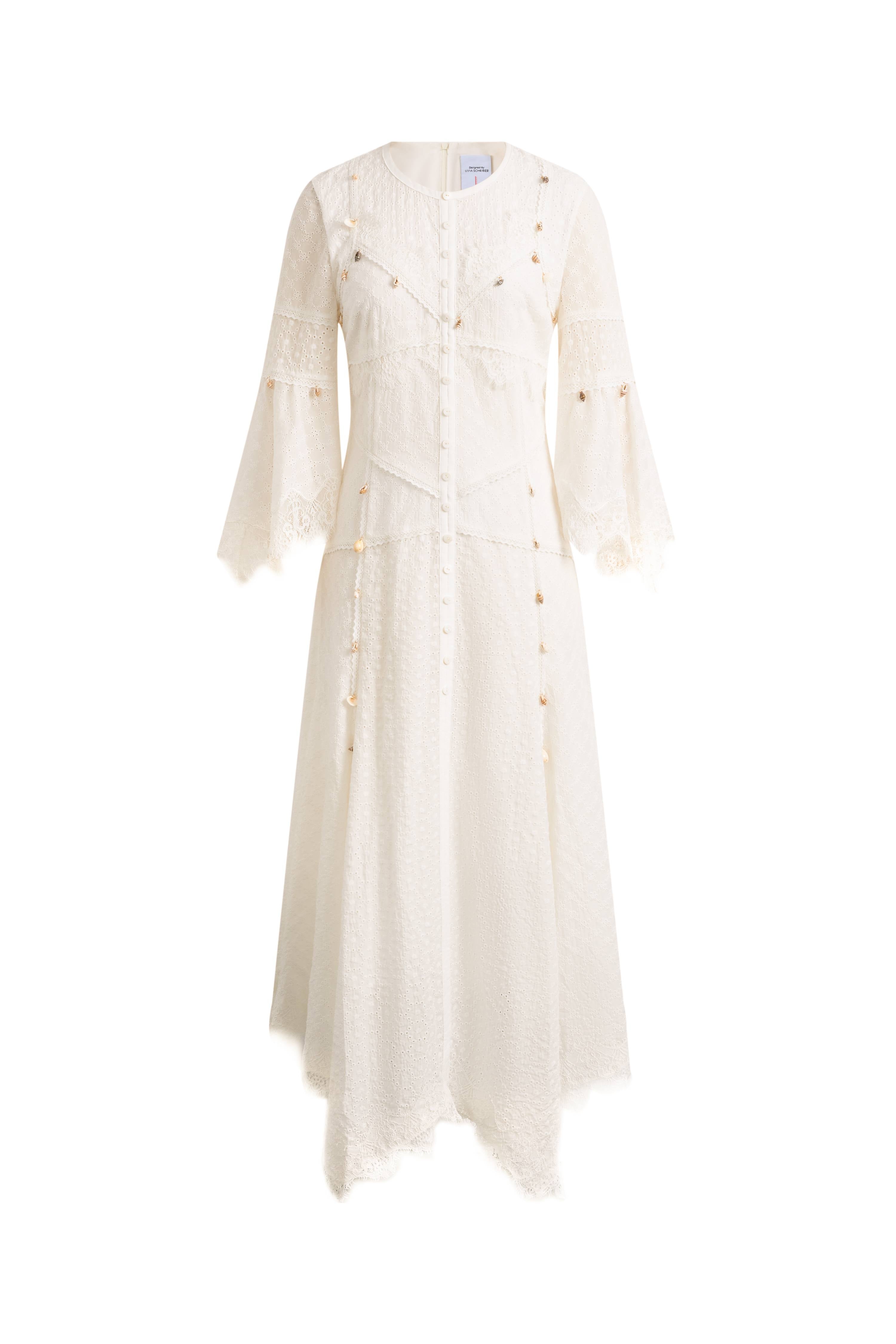 Aitana Lace Jacquard Embroidery Long Sleeves Irregular Hem Dress in Tencel Linen L