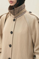 Blair Belted Check Panel Long Trench Coat in Matte Twill