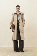 Blair Belted Check Panel Long Trench Coat in Matte Twill