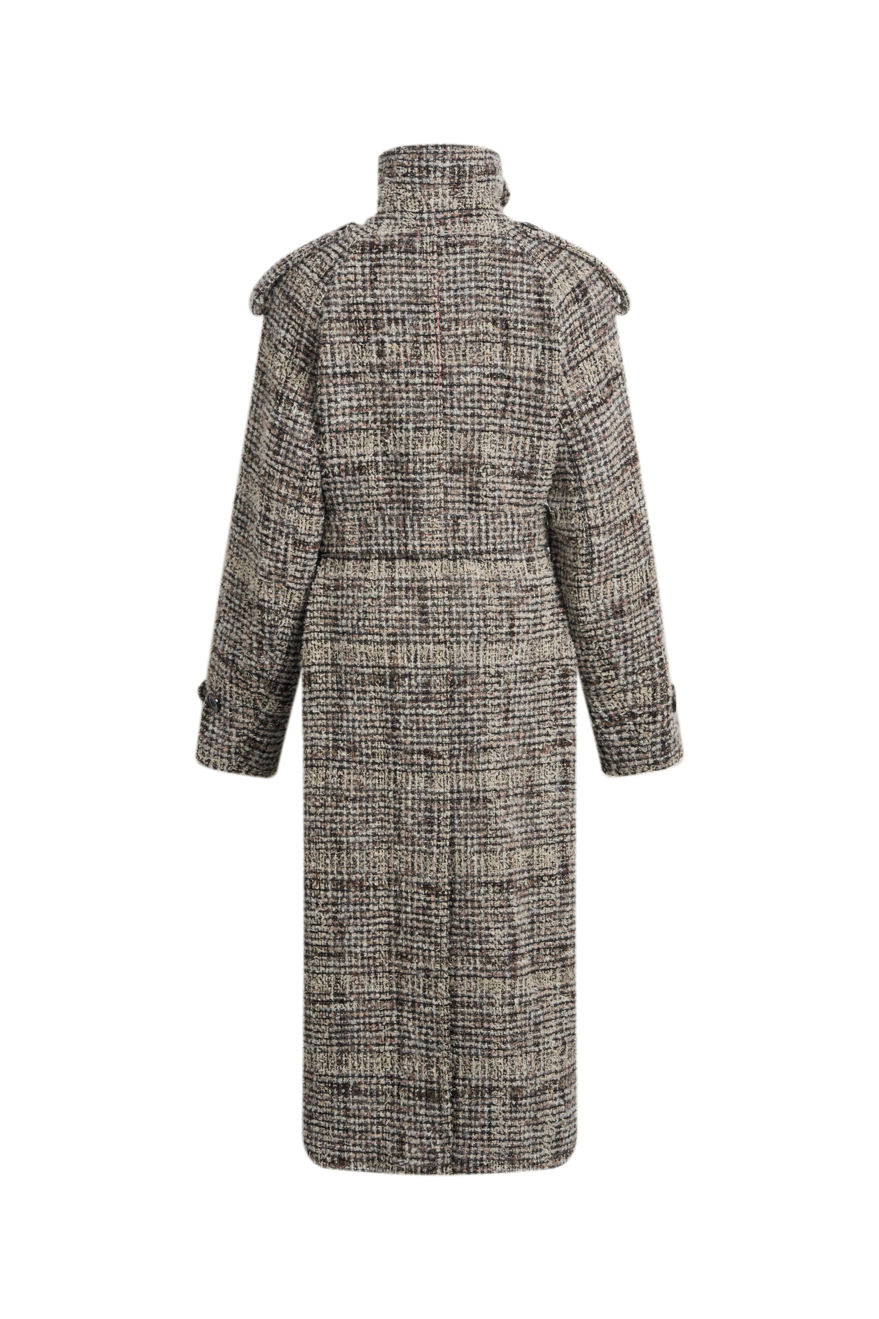 Blaise Mélange Plaid Belted Long Coat in Bouclé Tweed – fbrq.com