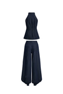 Navy halter neck top with pleated detail and wide leg denim jeans matching set