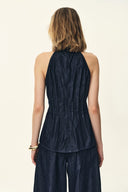 Brooke Handwork Pleats Halter Neck Top in Acetate Tencel Denim