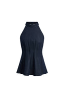 Brooke Handwork Pleats Halter Neck Top in Acetate Tencel Denim