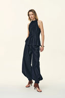 Brooke Handwork Pleats Halter Neck Top in Acetate Tencel Denim