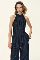 Brooke Handwork Pleats Halter Neck Top in Acetate Tencel Denim