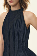Brooke Handwork Pleats Halter Neck Top in Acetate Tencel Denim