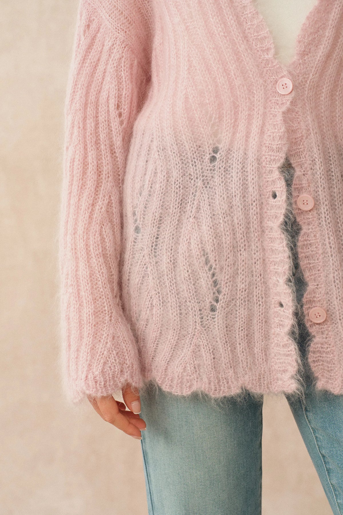 Aki Scalloped Neckline Sheer Cardigan in Lightweight Cable Mohair Aki Scalloped Neckline Sheer Cardigan in Lightweight Cable Mohair