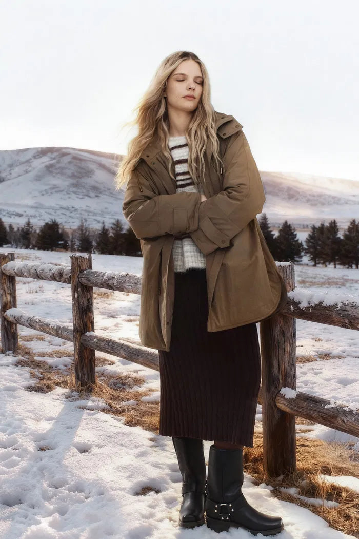 Casey Hooded Drawstring Lightweight Down Jacket in Crinkle Cotton Blend