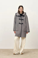 Vivien Horn Button Hooded Coat in Herringbone Wool Camel Down