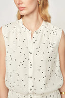 Lunare ärmelloses Polka-Dot-Kleid mit Kordelzug aus gekrepptem transparentem Stoff