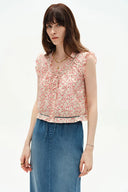 Floris Rüschiges florales ärmelloses Top aus Seide-Baumwolle