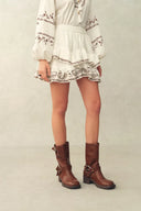 Conjunto de Blusa y Falda Brioche con Bordado, Lazo con Borlas y Cuentas en Algodón Arrugado