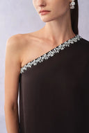 Avis One Shoulder Rhinestone Maxi Dress in Wrinkle Resistant Matte Satin