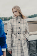 Fleur Textured Plaid Belted Long Coat in Wool Blend