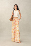 Bella Handpainted Floral Wide Leg Pants in Silk Double Crepe
