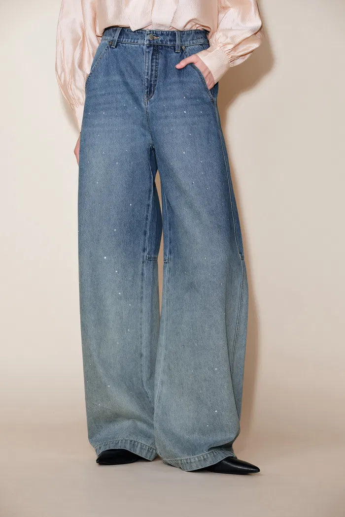 Kylie Rhinestone Gradient Washed Jeans in Cotton Denim