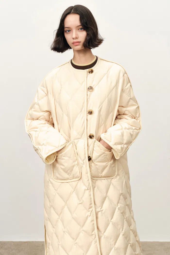 Paisley Zero Gravity Feel Long Down Jacket in Airy Cotton Blend