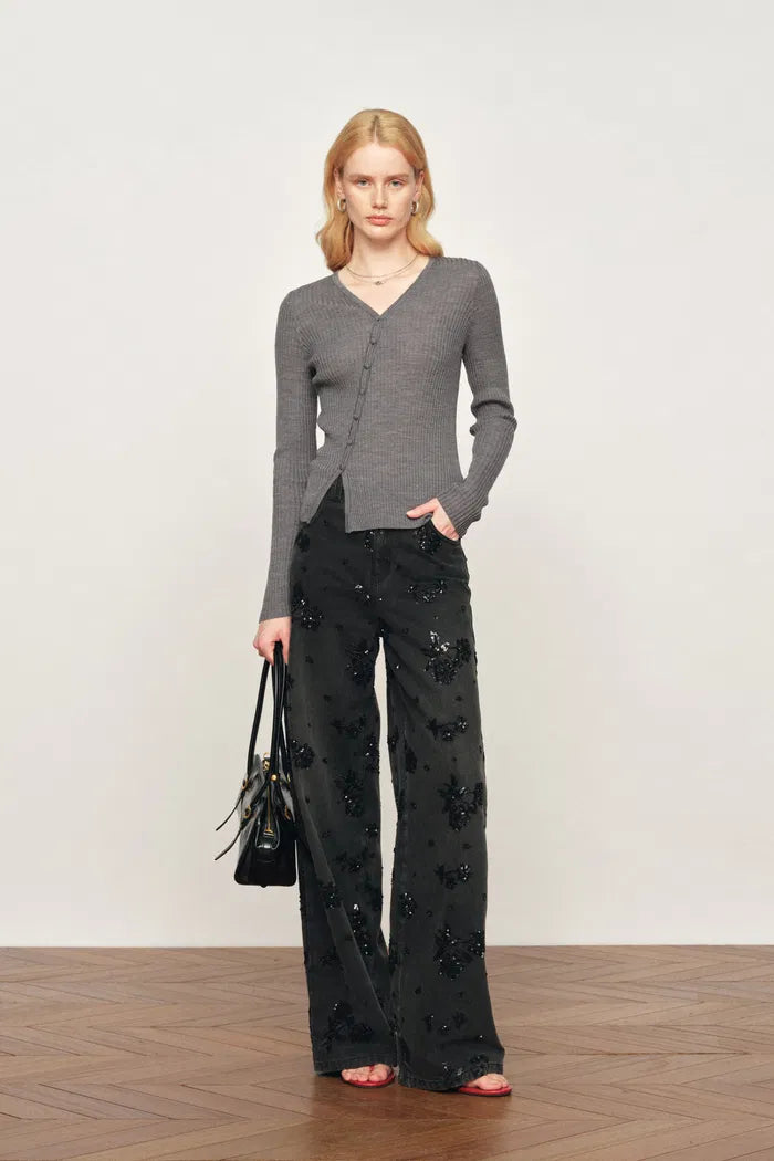 Mia Off-Center V-Neck Fitted Knit Cardigan In Lightweight Merino Wool Blend