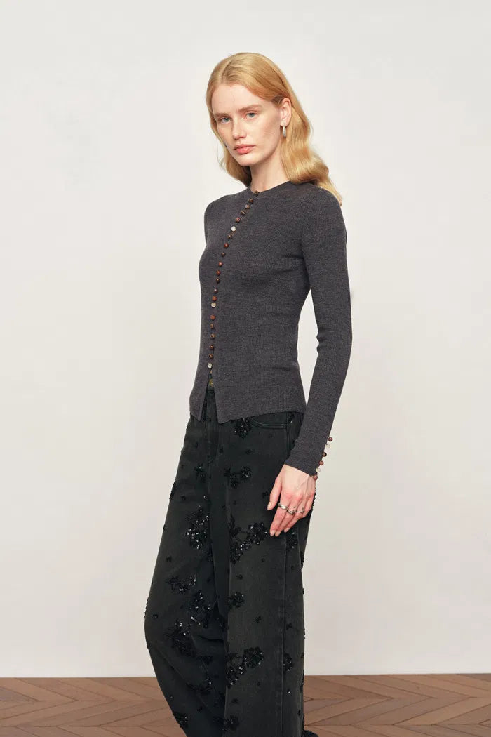 Kaia Hand Sewn Buttons Fitted Grey Cardigan in Merino Wool Knit