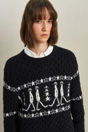 Star Walker Black Fair Isle Pullover in Wool Pom-Pom Yarn Knit