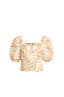 Top à manches bouffantes froncées avec broderie florale Winnie en mélange de lin