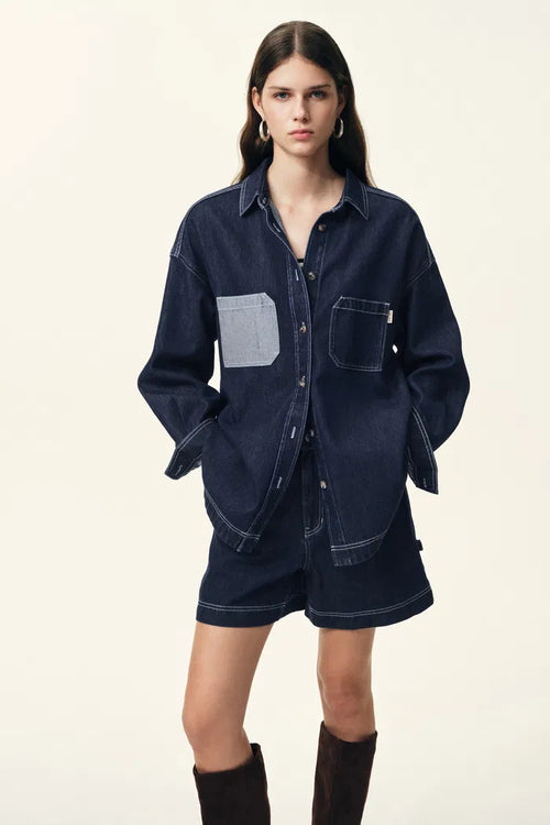 Harlow Contrast Stitch Denim Shirt and Shorts Set in Lightweight Cotton Denim