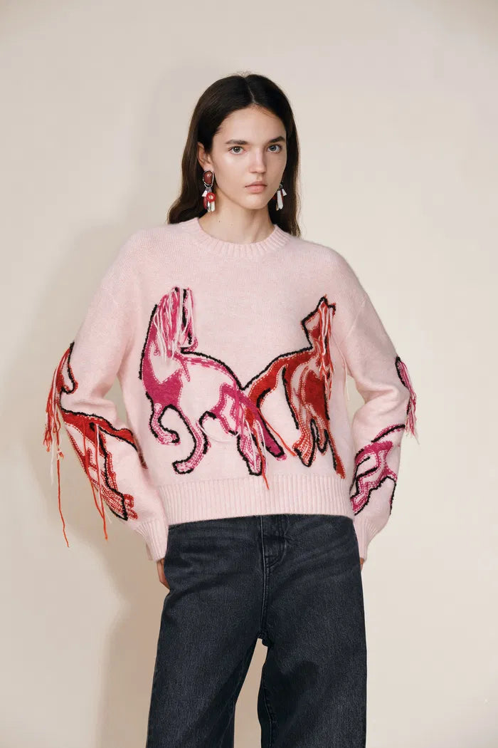 Charlotte Hand Worked Pony Stitching Sweater in Wool Angora Raccoon Knit