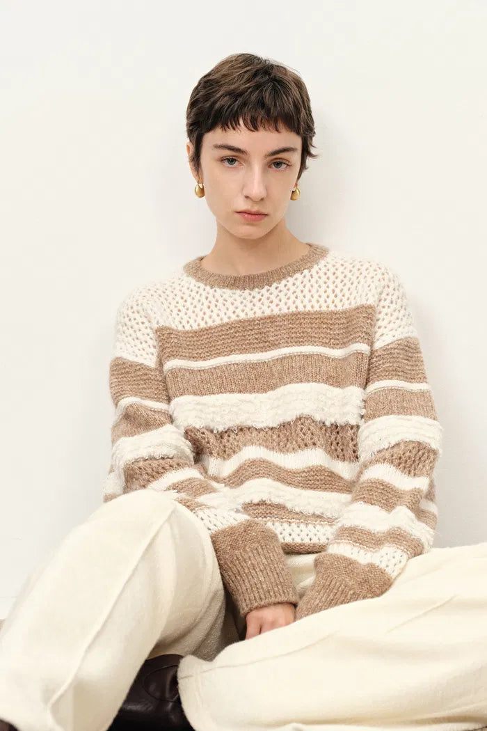 Megan Multi Texture Striped Sweater in Merino Mohair Wool Knit