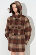 Aeliana Plaid Hooded Midi Coat in Red Brown Wool Blend