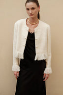 Violette handgefertigte Fransen-Tweedjacke aus Woll-Lurex