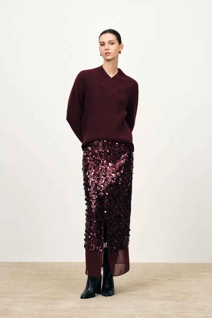 Scarlett Crossover V Neck Sweater in Merino Wool Cashmere Rib Knit