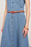Nova Woven Strap Detail Sleeveless Denim Dress in Cotton-Linen Denim