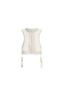 Charlie Boho Mother of Pearl Studded Side Tassel Tie Vest Top in Cotton Denim