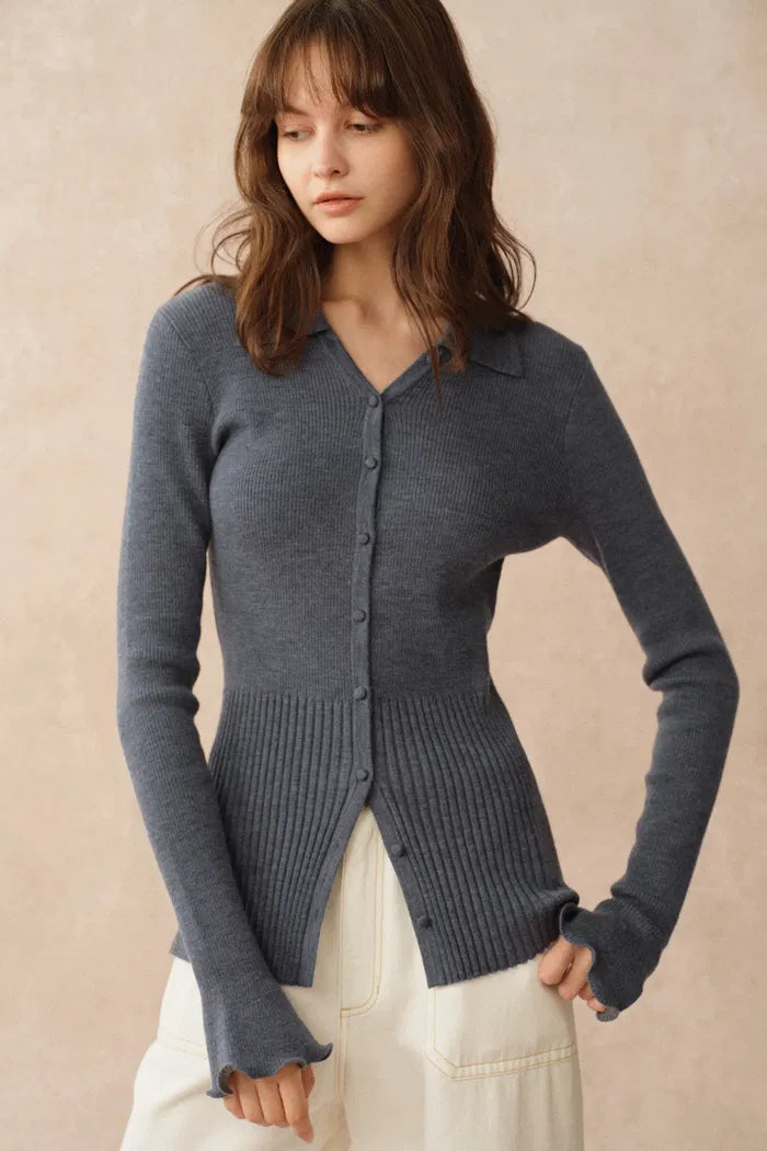 Katia Beige Wavy Cuff Fitted Collared Cardigan in Stretchy Merino Wool Cable Knit