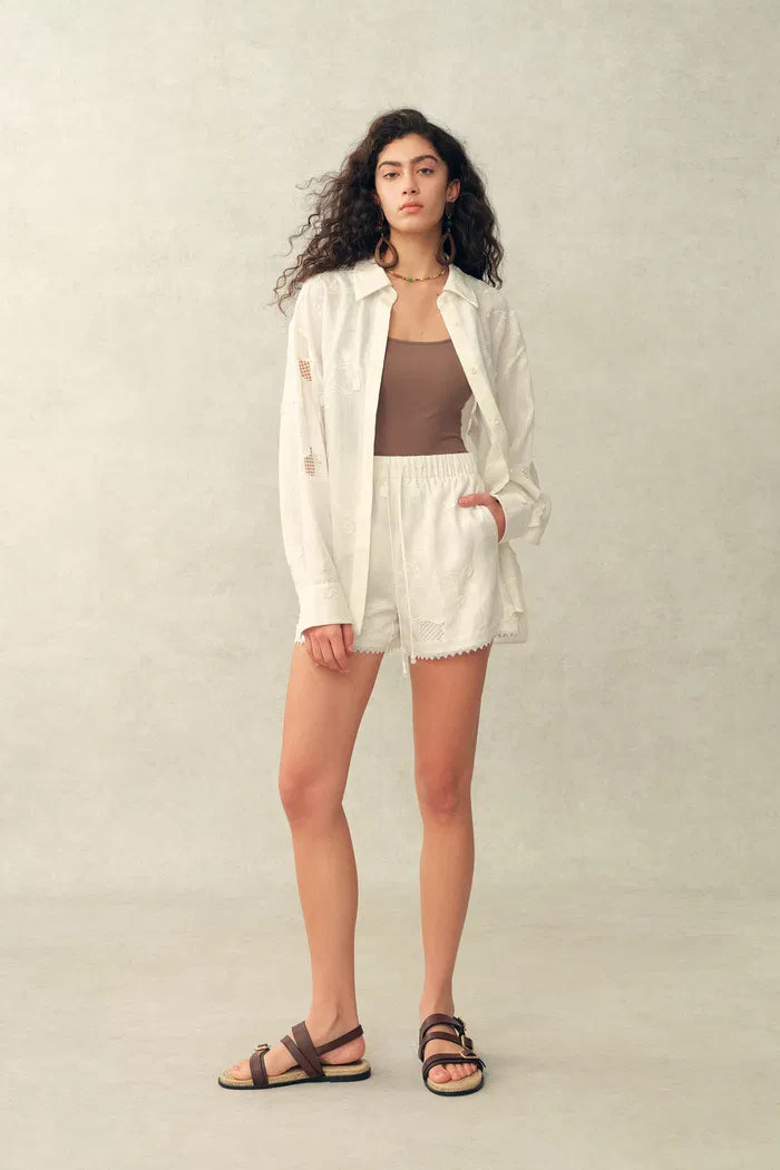 Leona Lily of the Valley Mesh Embroidery Shirt and Shorts Matching Set in Linen