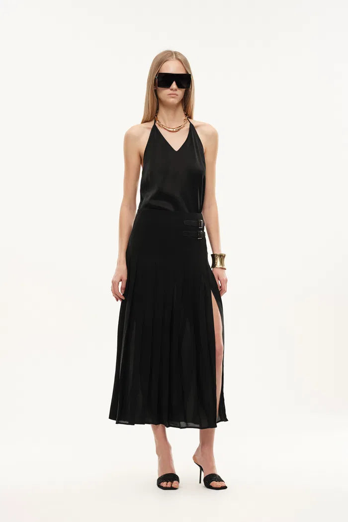 Citadel Leather Tabs Side-Slit Pleated Skirt in Acetate – fbrq.com Citadel Leather Tabs Side-Slit Pleated Skirt in Acetate – fbrq.com