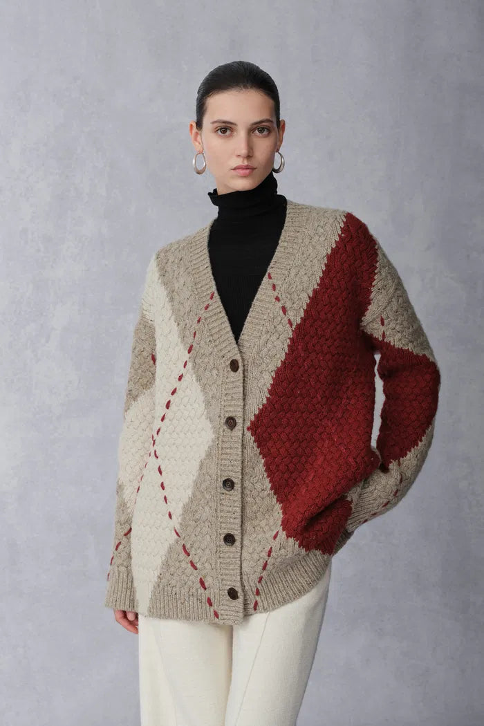 Mirna Oversized Argyle Cardigan in Merino Wool