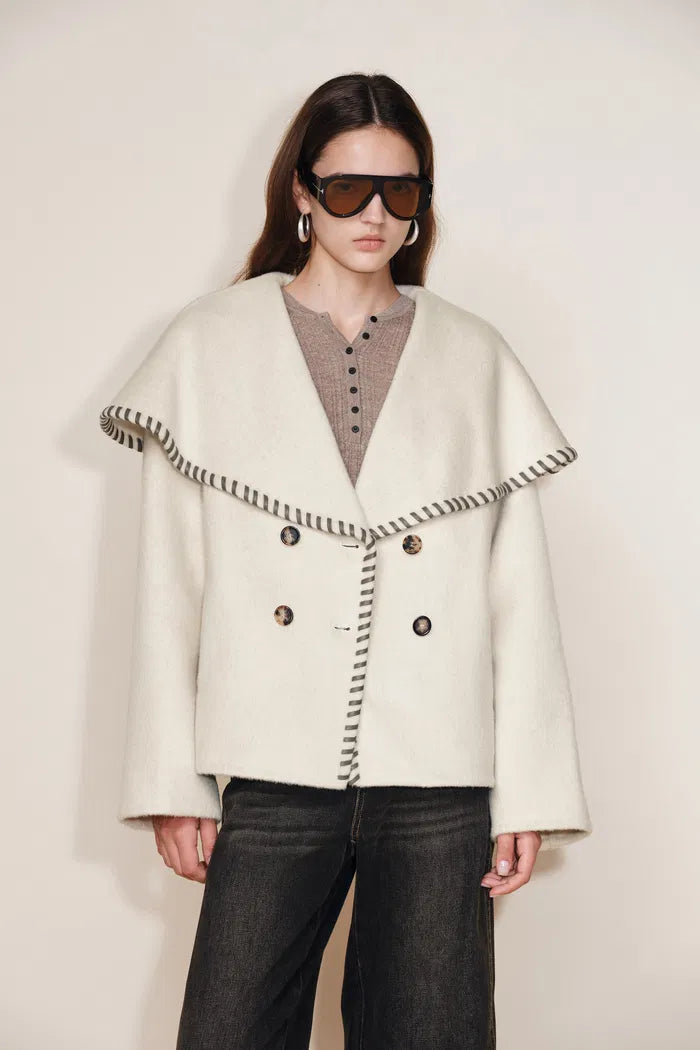 Lumi Handworked Faux Leather Hem Cape Coat in Silk Wool Double Face