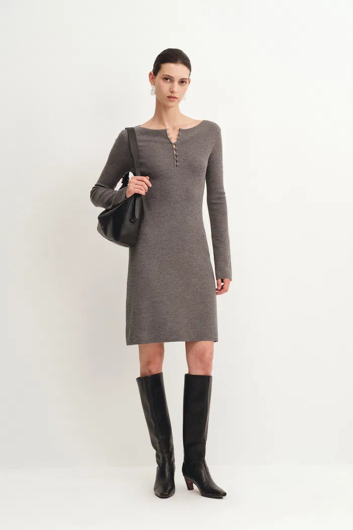 Emily Grey Henley Collar Fitted Short Dress in Merino Wool Knit
