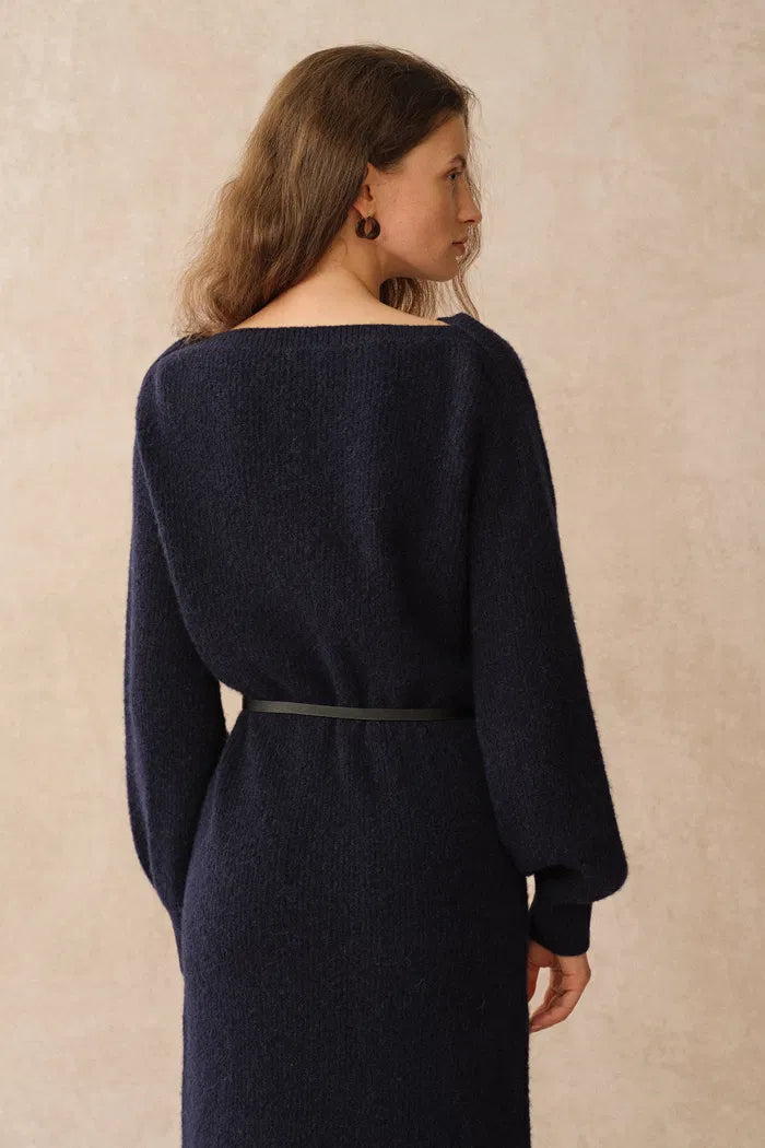 merino wool knit dress Danni Navy Boat Neck Knit Dress in Merino Wool Knit – fbrq.com