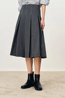Ava Hand Embroidered Topstitching Midi Pleated Skirt in Australian Merino Wool