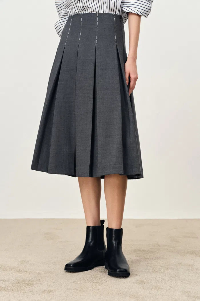 Ava Hand Embroidered Topstitching Midi Pleated Skirt in Australian Merino Wool