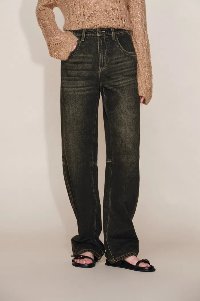 Courtney Contrasting Seams Washed Machete Jeans in Cotton Denim